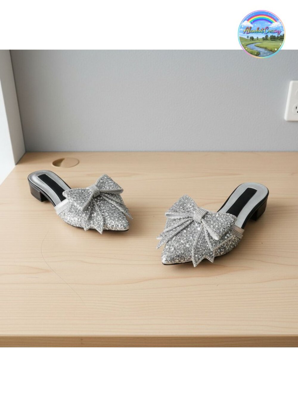 Satin Sequin Bow Mules Closed Pointed Toe Block Heel Slip On Party Prom Wedding